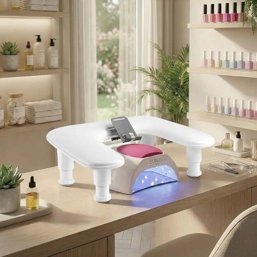 Oval U Tipi Telefon Standlı Ergonomik Manikür Sehpası Beyaz Manikür Kol Desteği U2W