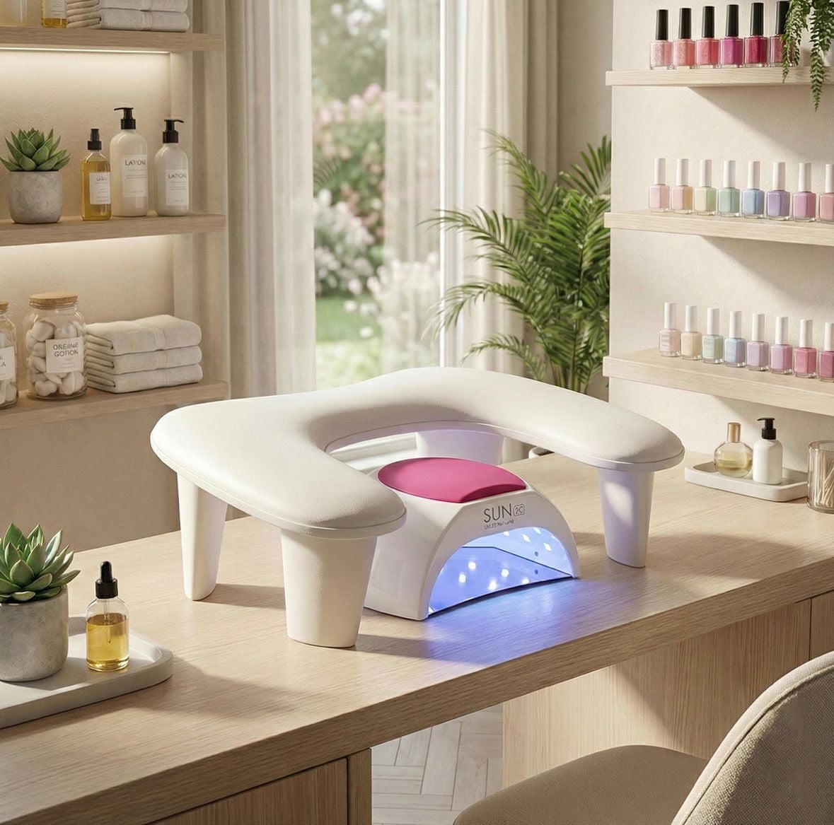 Oval U Tipi Telefon Standlı Ergonomik Manikür Sehpası Beyaz Manikür Kol Desteği U2W