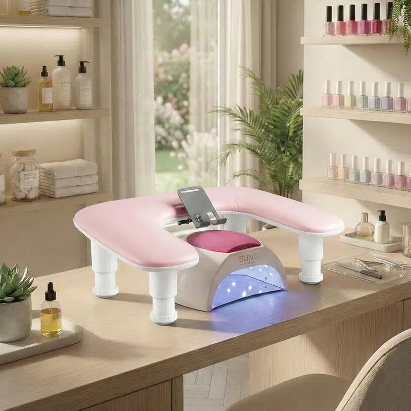 Oval U Tipi Telefon Standlı Ergonomik Manikür Sehpası Pembe Manikür Kol Desteği U2P