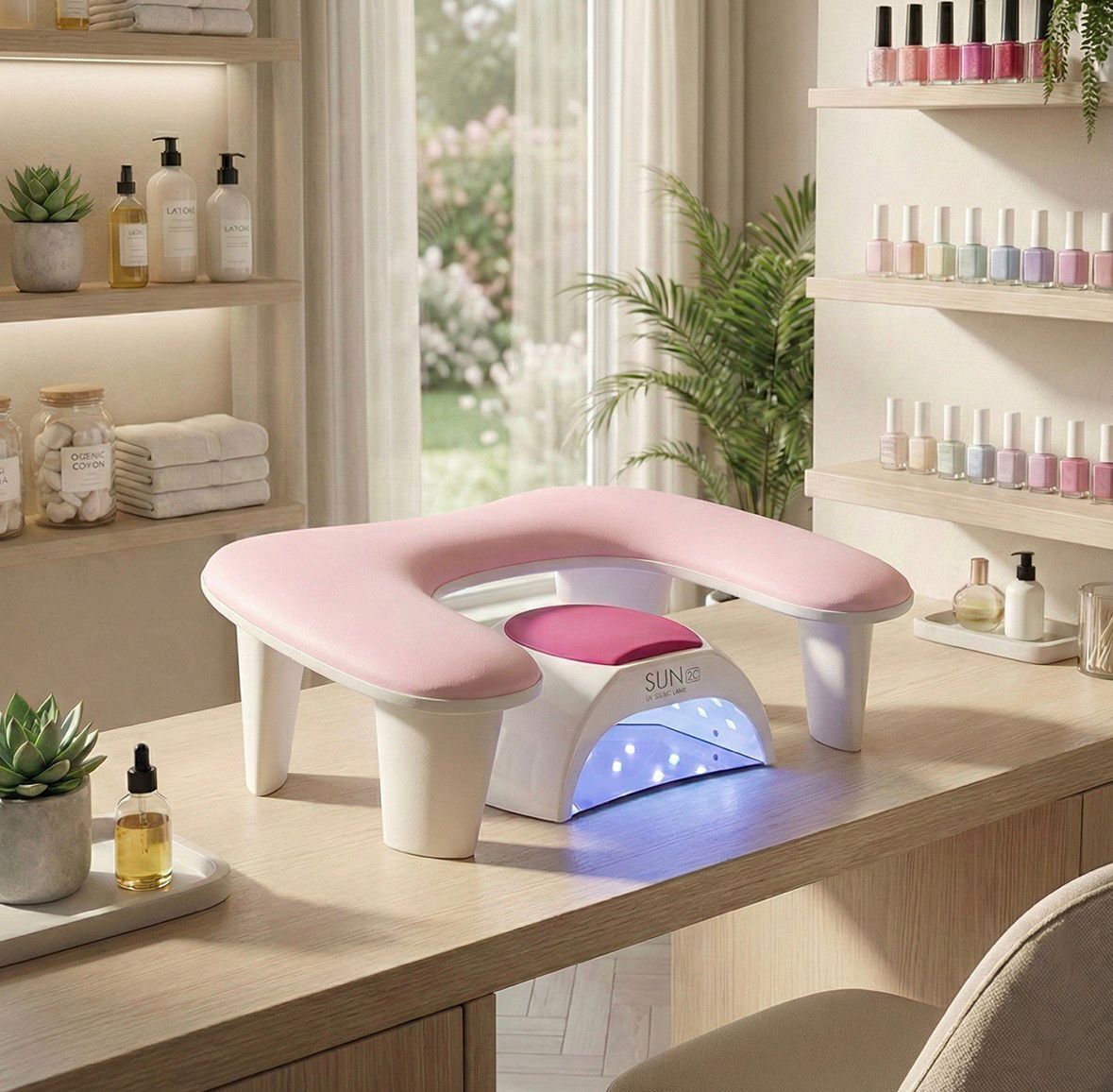 Oval U Tipi Ergonomik Manikür Sehpası Pembe Manikür Kol Desteği U1P