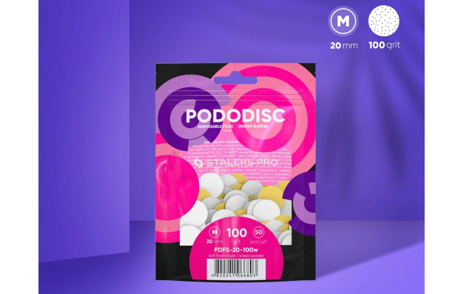 PODODISC STALEKS PRO M Pedikür Disk İçin Yumuşak Tabanlı Yedek Beyaz Törpüler, 100 Grit (50 Adet)